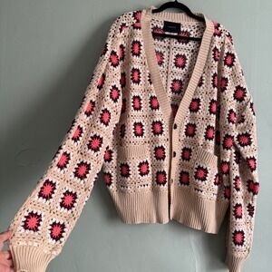 PacSun Womens Large Crochet Granny Square Cardigan Pink Tan Cotton Knit Sweater
